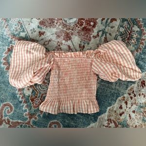 Puff sleeve off the shoulder gingham scrunch top